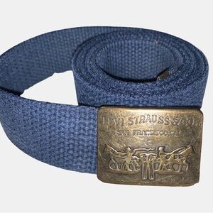 Vtg Levi Strauss Blue Canvas Dual Horse Brass Buckle Clasp Belt 38” Tip To Tip